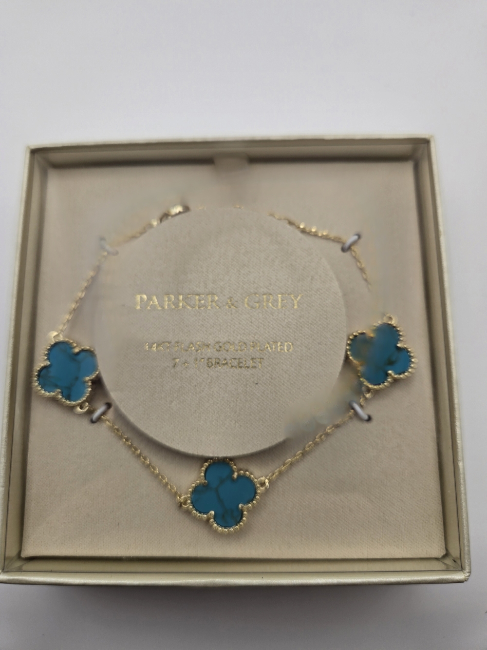 NIB Parker & Grey 14kt Gold-Plated Bracelet Turquoise Clover Charms CZ Accents